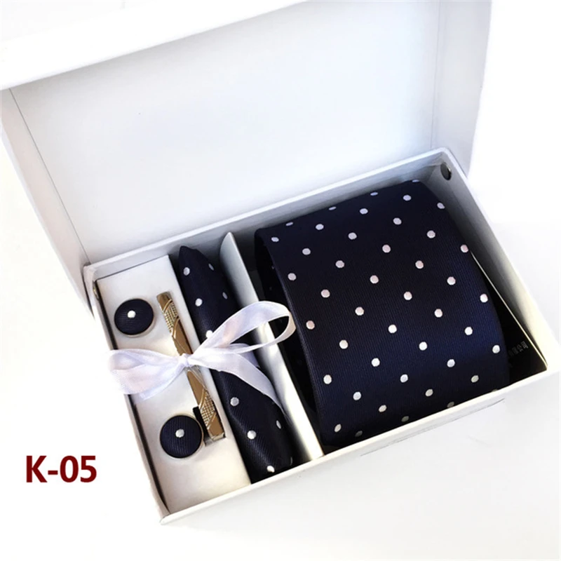 Dot Men Ties Set Wedding Handkerchief Plaid Cufflinks Solid Tie Clip Party Stripe Necktie Pocket square Box Gift