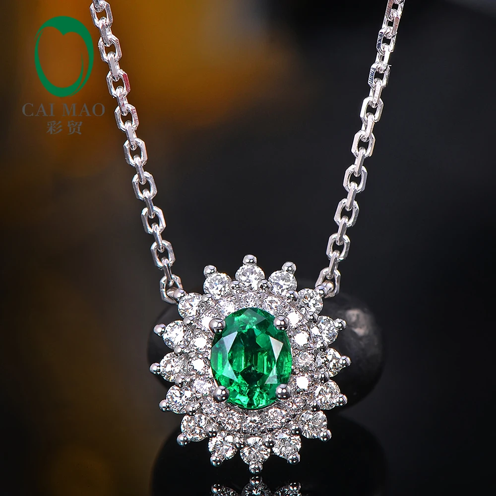 Caimao Natural Emerald Pendant Chain 14K White Gold with 0.33ct H SI Diamonds Necklace