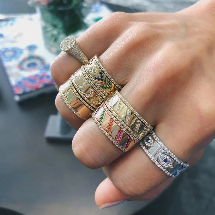 engraved cz evil eye gold Color wide engagement band rings for lady women party gift finger jewelry classic antique ring
