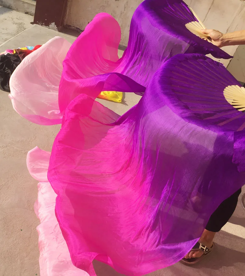 Children Adults  Hand Made Colorful Silk Bamboo Flame Belly Dance Long Folding Fan Veils Art Colorful Purple Pink Free ShippingX