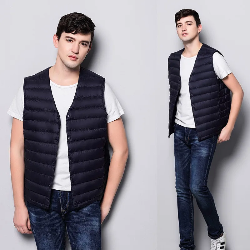 Autumn Winter Men Ultra Light Down Vests Jacket V-Neck White Duck Down Vest Coat Slim Waistcoat Male Sleeveless Outwear AB1200