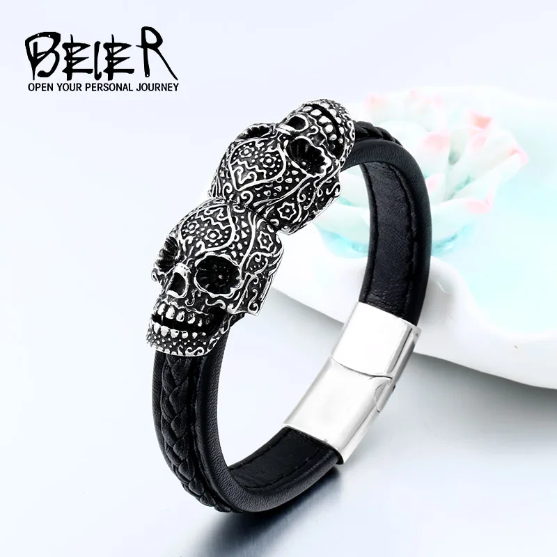 BEIER Cool Punk Double Skull Bracelet For Man 316 Stainless Steel love Bangle Man\'s High Quality Leather Jewelry BC-L024