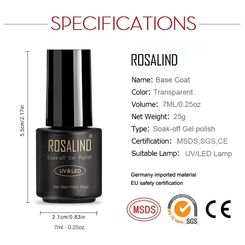 ROSALIND เจล Top Coat Base Coat เงาติดทนนานเสริม7Ml Hybrid เคลือบเล็บเจล Lacquer Nail Art primer