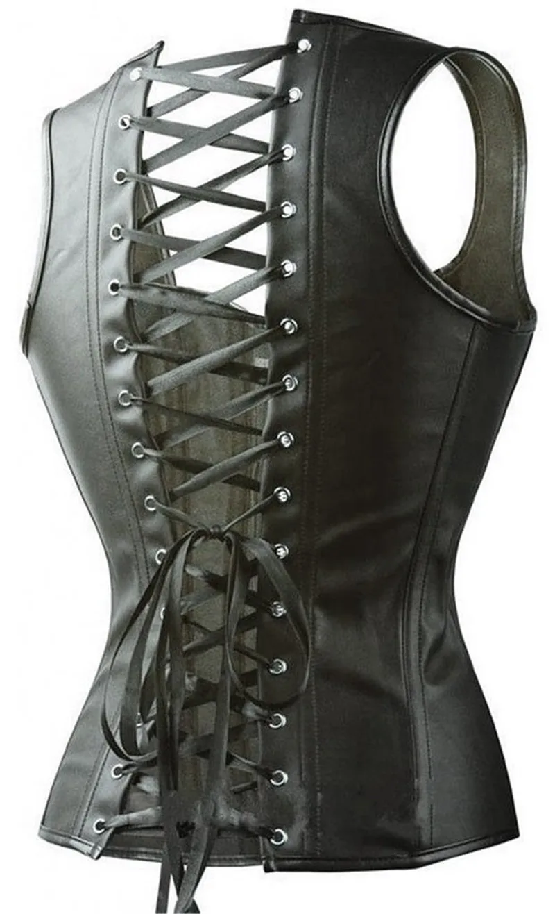 Caudatus Leather Corset Top Woman Zip Leather Corset Buckle Bustier SteamPunk Gothic Studded Corset Corselet Straps Vest Black