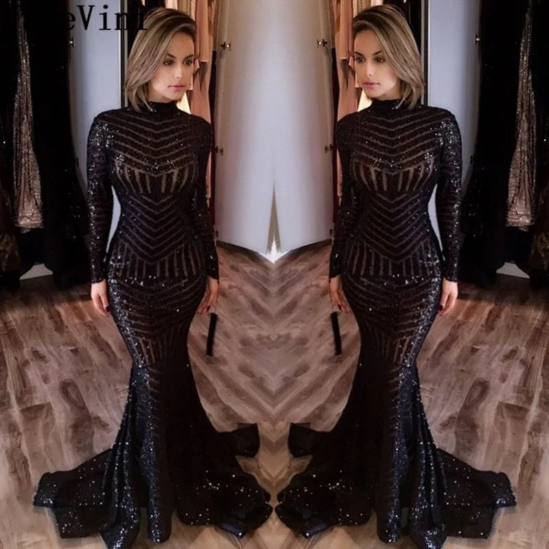 JaneVini Sparkle Sequined Arabic Evening Dresses High Neck Mermaid Sweep Train Sexy Black Long Sleeve Evening Gown Avond Jurk