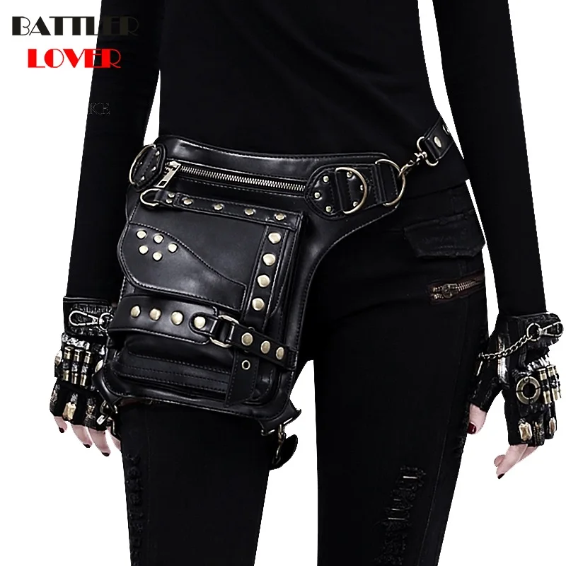 Unisex Pockets Rivet Waistbag Messenger Bag Punk Hip Hop Femme Women Hiking Waist Bag Men High Quality PU Leather Travel Leg Bag