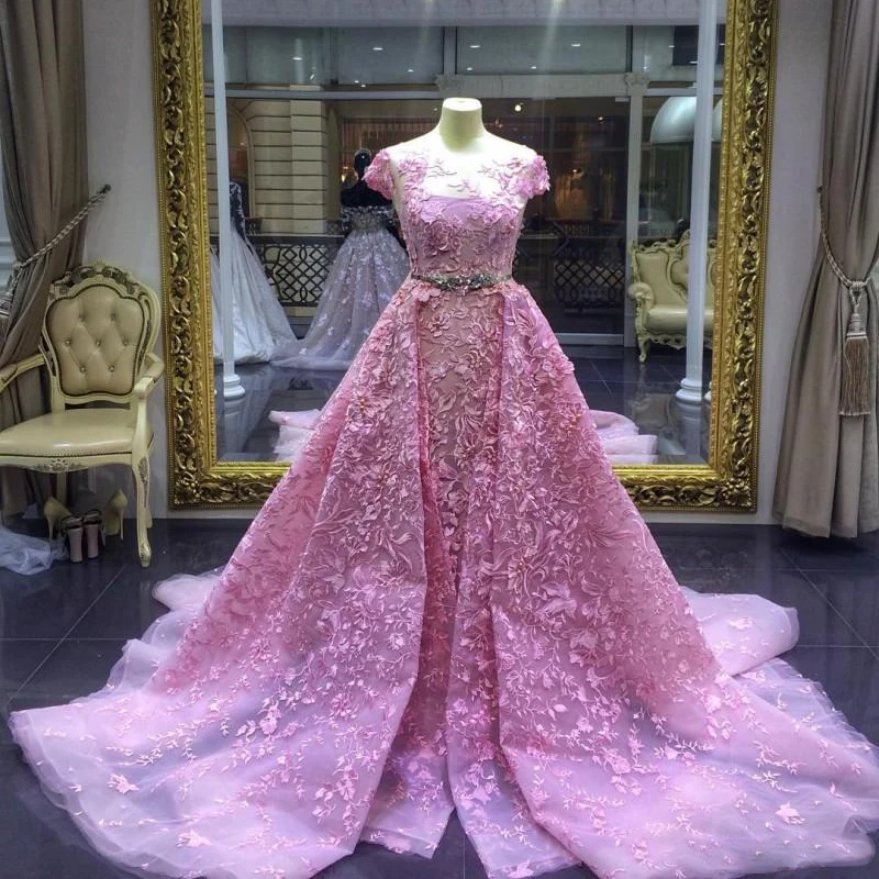 Luxury Pink Mermaid Prom Dresses With Detachable Train Lace Appliqued Formal Evening Gowns Lebanon Charming Prom Party Dress