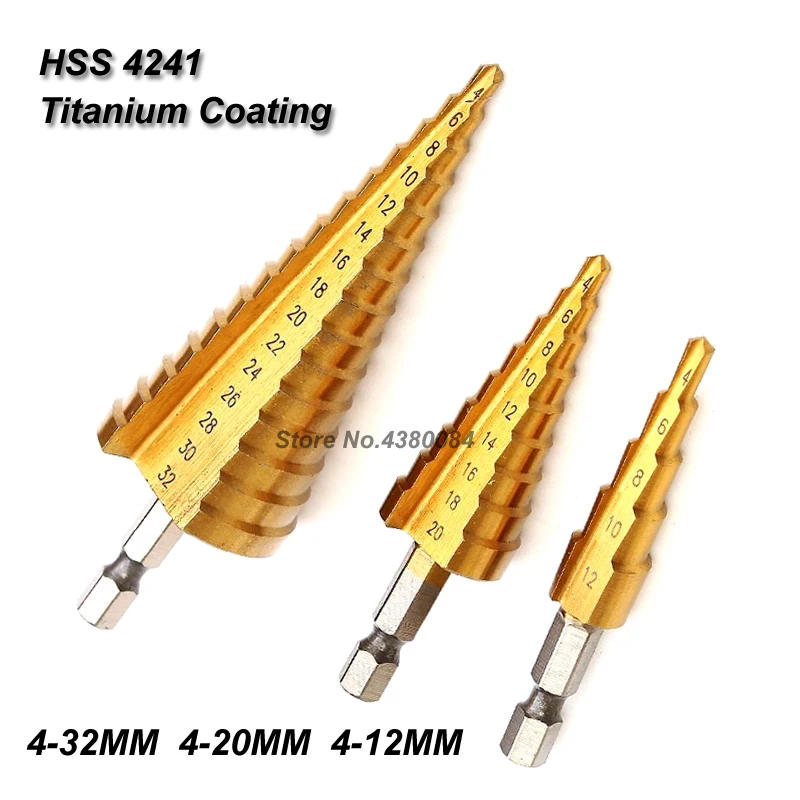 3Pcs Set 4-32/20/12MM Titanium Coating HSS Step Drill Bits 1/4'' Hex Shank Cone Grooved Hole Cutter DIY Punching Power Tools