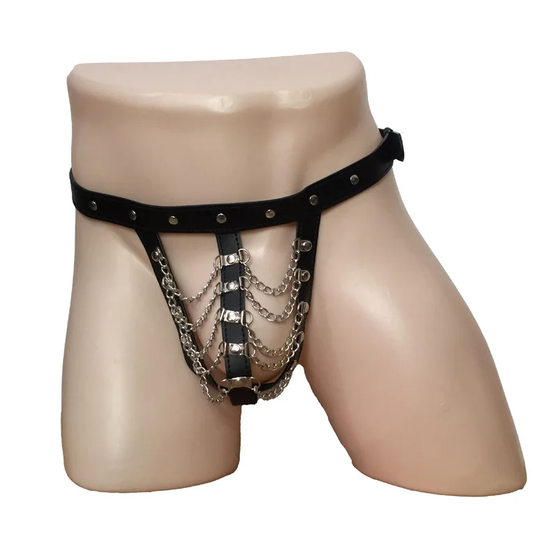 Men\'s Faux Leather Drape Chain Pouch Open Crotch G-String Underwear UnderPants Thong Brief Body Harness Fetish Sexy Lingerie