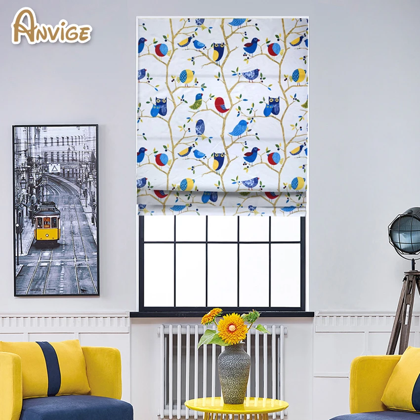 Anvige Pastoral Bird and Tree Printed Roman Shade Rollor Blind Window Curtains For Living Room