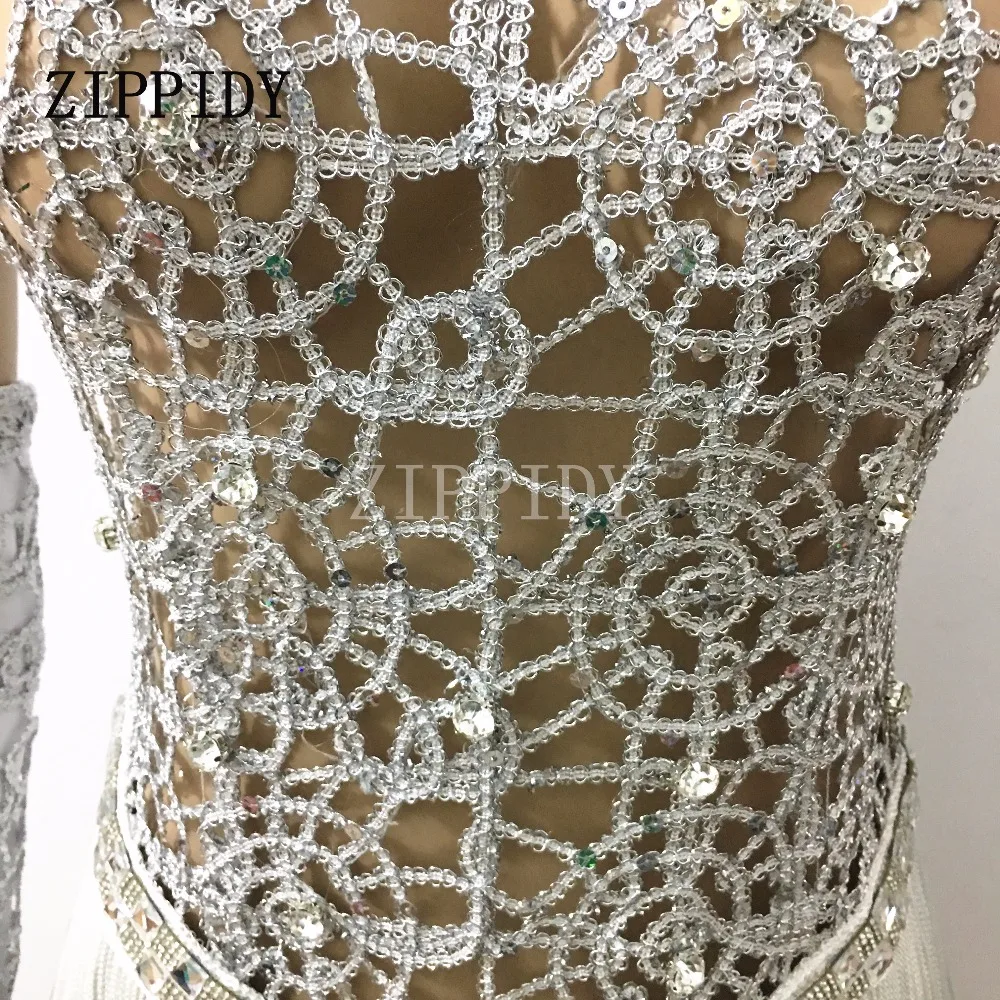 Collant de strass longa com borla transparente prateado para mulheres, roupa feminina para festas