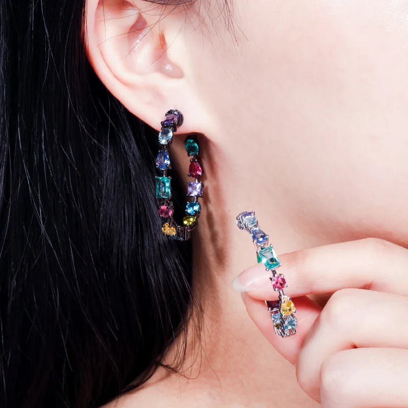 CWWZircons Trendy American Cubic Zirconia Crystal MultiColored Big Hoop Earrings Circle Round Design Women Ear Jewelry CZ561