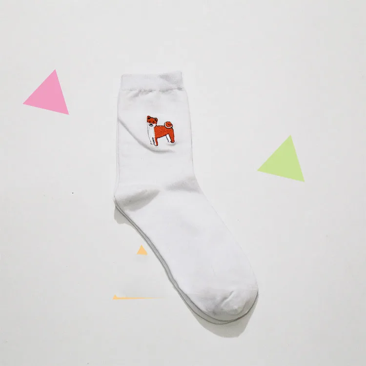 cute animal husky embroidery women cotton white socks lovely dog Jacquard female pure color socks funny kawaii pug meias soks