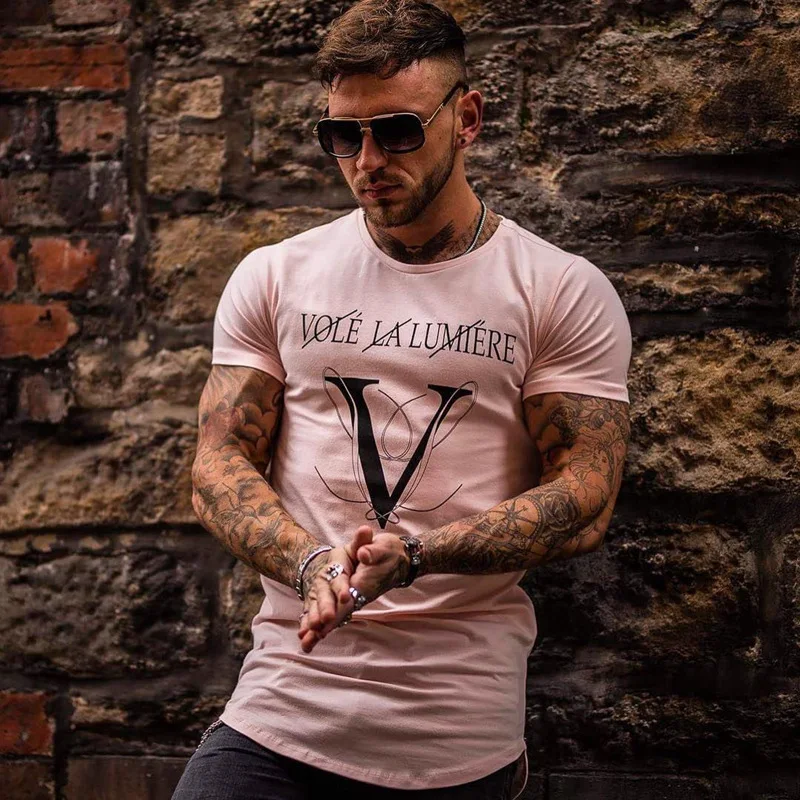 New Men Casual Fashion Printed Gyms T-shirt Fitness Bodybuilding Short sleeve Cotton T shirts Slim Tee Top Male Workout Clothing