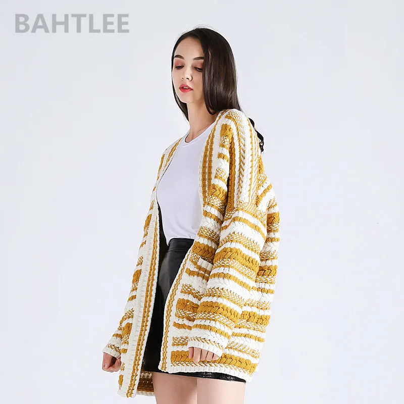 BAHTLEE-Women's Wool Cardigans, Knitted Sweater, V-Neck, Long Sleeves, Jacquard Process, Loose Style, Thick, Keep Warm, Winter