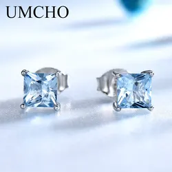 UMCHO Real 925 Sterling Silver Stud Earrings for Women Princess-cut Sky Blue Topaz Earrings Fine Jewelry Blue Gemstone Gift New