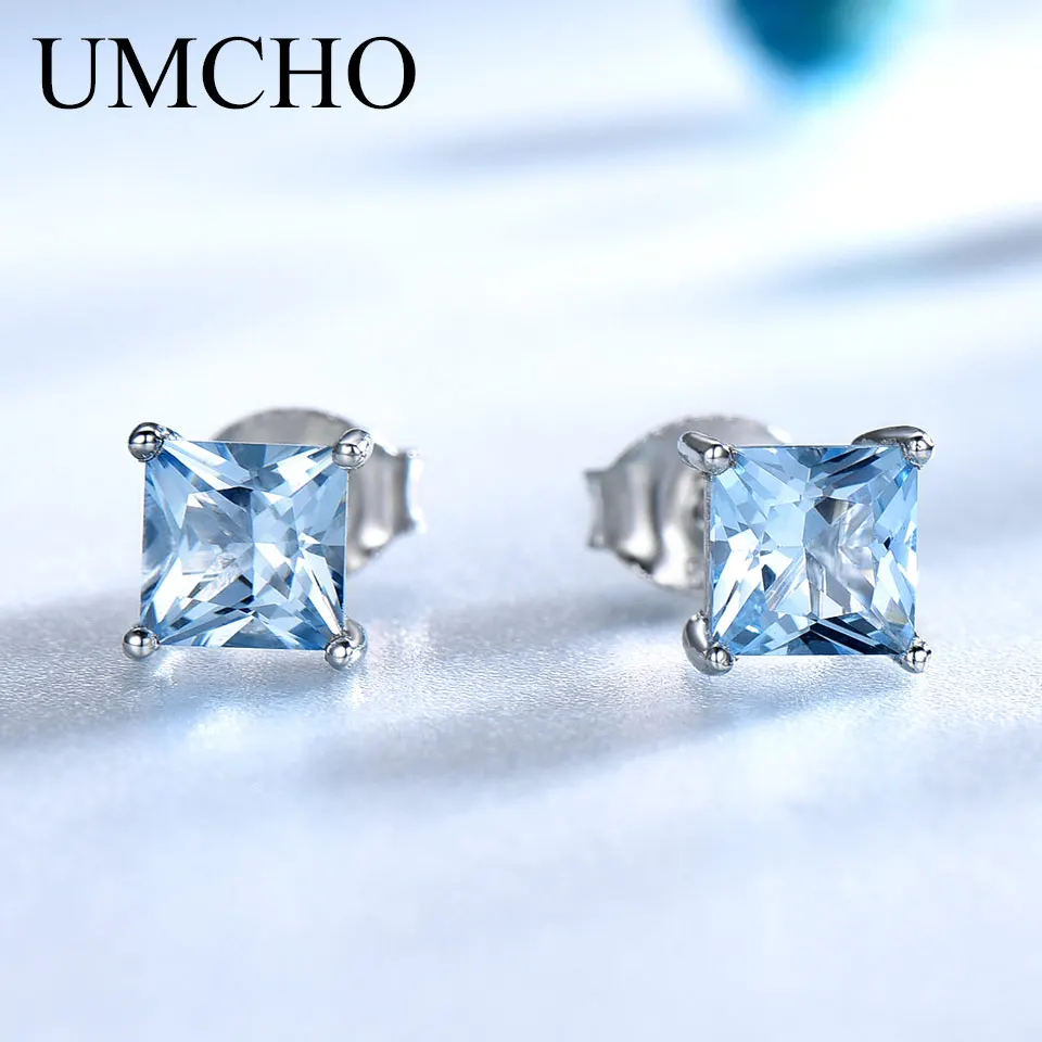 UMCHO Real 925 kolczyki sztyfty ze srebra wysokiej próby dla kobiet Princess-cut Sky niebieski Topaz biżuteria wysokiej jakości kolczyki niebieski kamień szlachetny prezent nowy