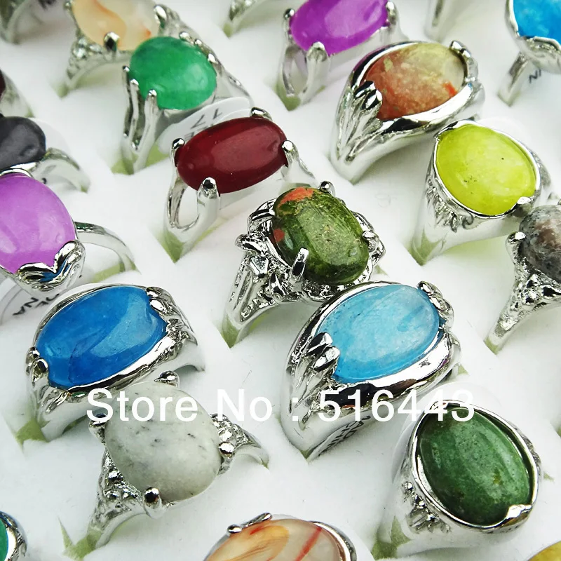 A-010  Mix 15pcs 100% Natural Stones Silver Plated Fashion Rings Wholesale Jewelry Free Shipping