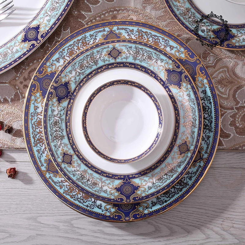 English Court Style Bone China, Western Style Dinner Plates, Steak Plates, Food Tray, Restaurant Tableware, Blue Christmas Gift