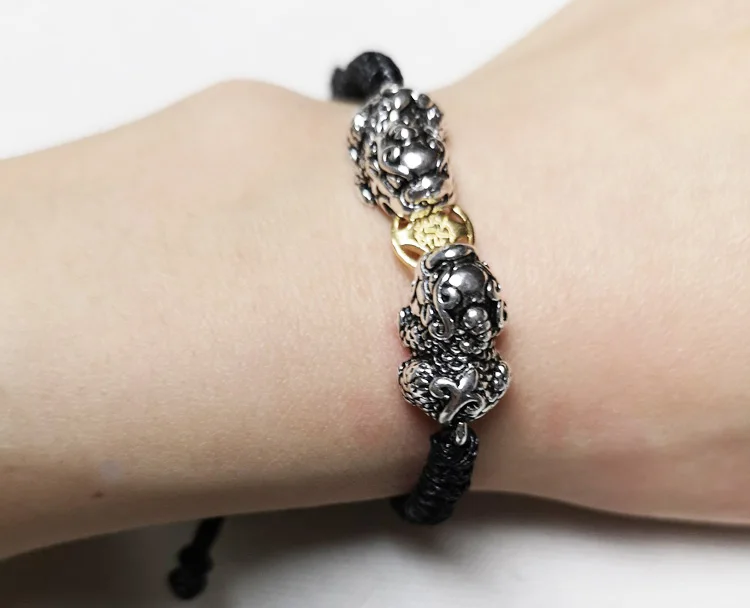 100% 925 Silver Double Wealth Pixiu Bracelet Braided Good Luck Pixiu Beads Bracelet Fengshui Lucky Pixiu Bracelet