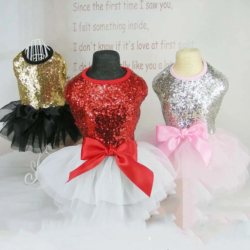 Elegant Dog Princess Dress Sequin Tutu Queen Style with Bowknot Clothes for Small Dogs Teddy Pug Chihuahua Shih Tzu Yorkshire