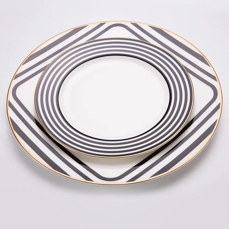 Bone China Tableware Set, Black and White Stripe Design, Flat Steak Plate, Coffee Cup and Dish, Dessert Tray, Golden Drink Ware