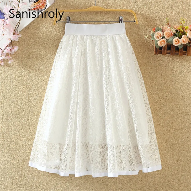 Sanishroly Autumn Women Midi Long A-Line Skirt Hollow Out Lace Skirts Female Short Mini Skirt High Waist Ball Gown Skirt SE667