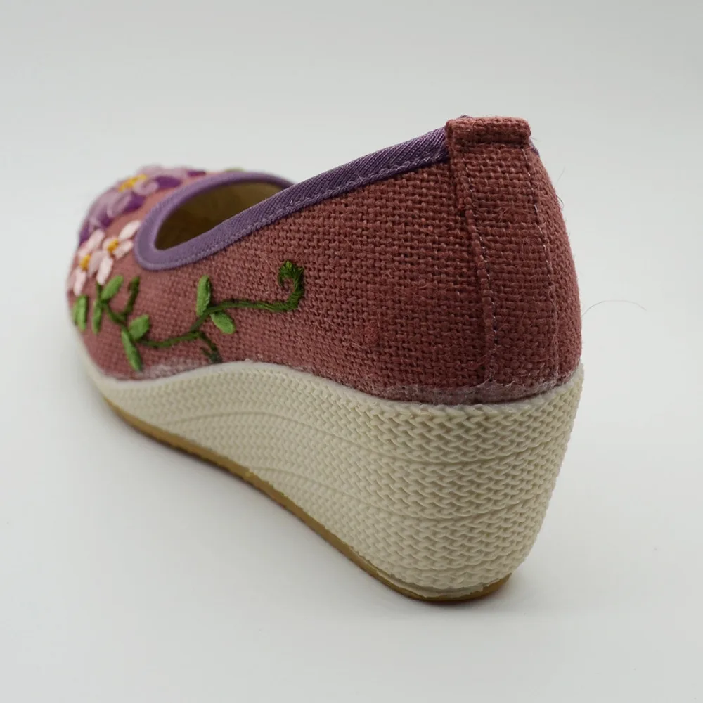 Veowalk Retro Style Women\'s Linen Wedge Pumps Mid Heels Ladies Casual Embroidered Shoes Comfort Slip-on Platforms Zapatos Mujer