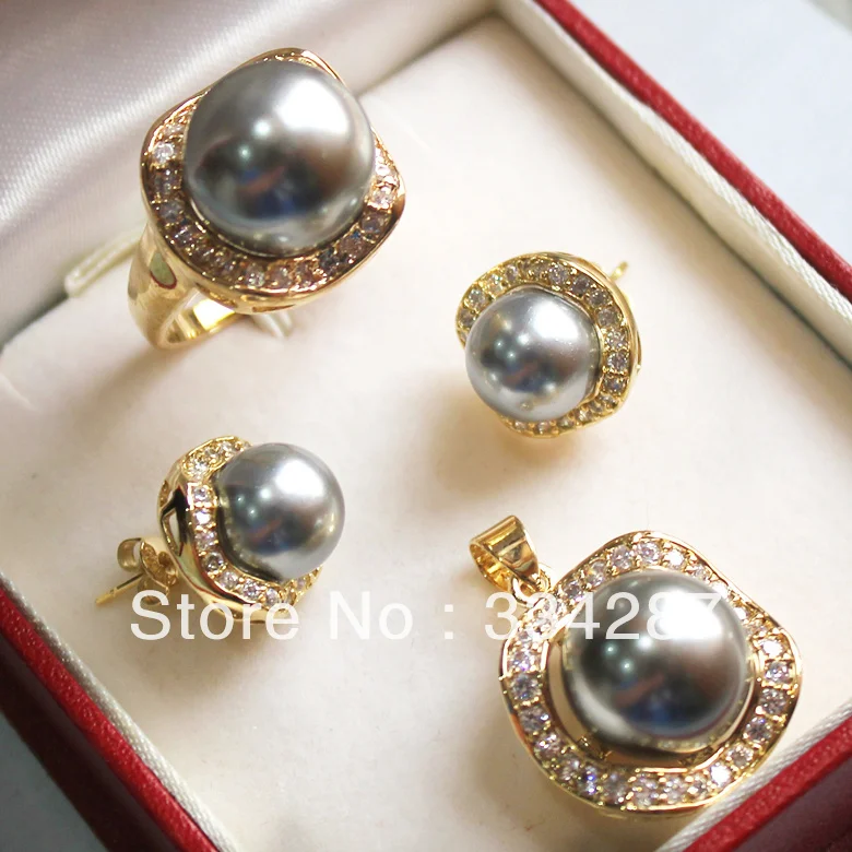 New Listed!Free shipping Gray  South Sea Shell Pearl Ring Pendant Earring Jewelry Set