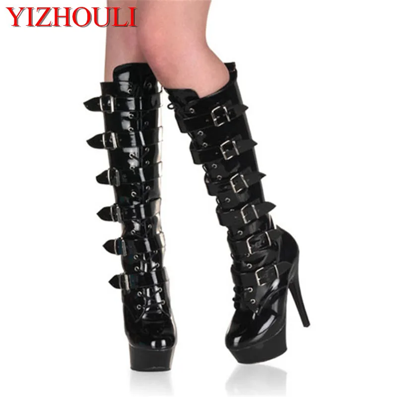 Black sexy 15 cm high heels and large size cool boots, platoon of beautiful model tall Dance Shoes