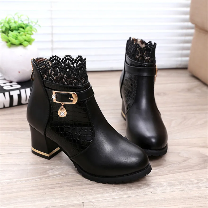 2024 Round Toe Women Fashion Crystal Belt Buckle Boots 6CM Square High Heels Shoes Sexy Leopard Lace Ankle Boots Woman Red Black