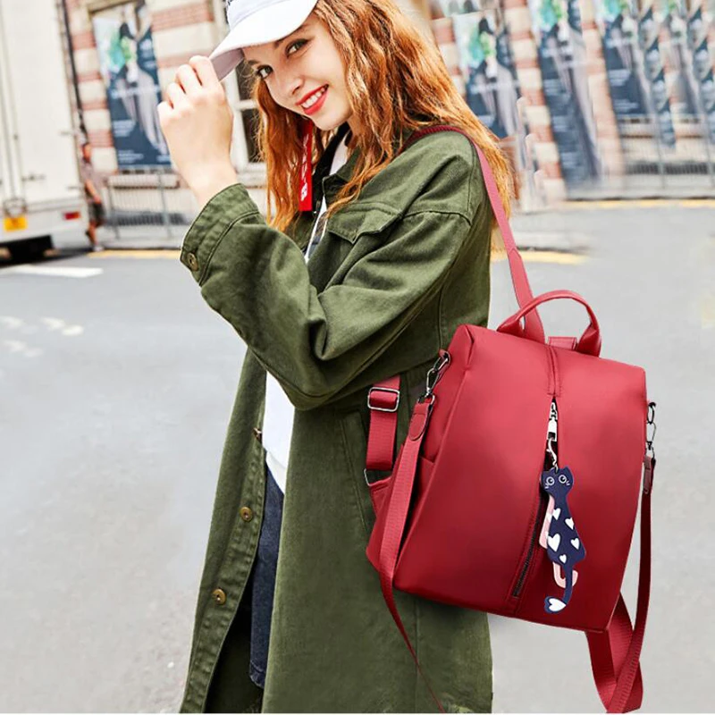 Yogodlns Frauen Rucksack Neue Mode Oxford Tasche Einfarbig Reise Rucksack Damen Kleinen Rucksack Mit Katze Anhänger – Detail 10