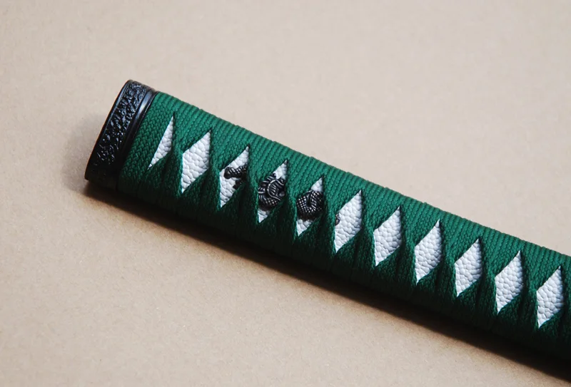 Straight Tsuka Green Silk Ito & Imitated White Rayskin & Alloy Fuchi Kashira for Japanese Samurai Sword Katana Handle Fitting H8