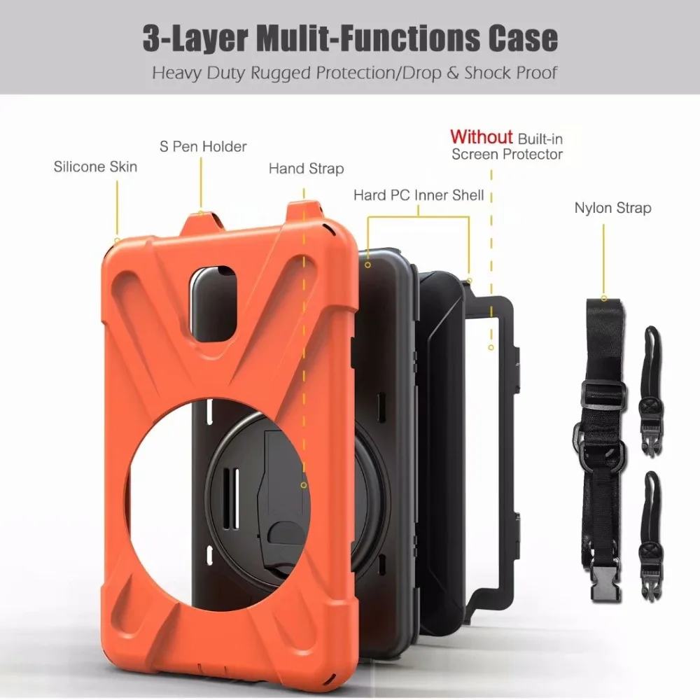 360 Degree Case for Samsung Galaxy Tab Active 2 8.0 T390 T395 SM-T395 tablet Silicone Hard Cover+Neck Strap & Hand Strap +pen