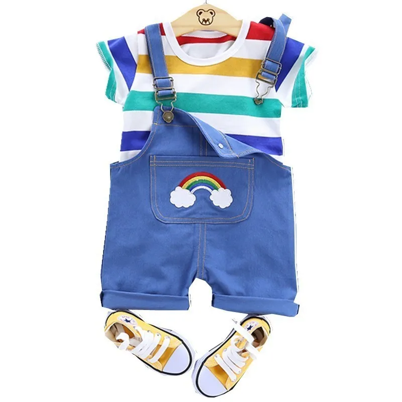 

Summer Baby Boy Girls Leisure Clothing Sets Infant Clothes Suits Stripe T Shirt Strap Shorts 2pcs Kids Children Vacation Costume