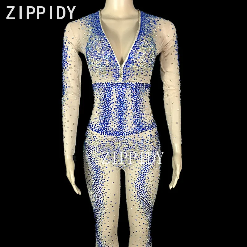 Blau Oder Silber Glisten Strass Overall Stretch Mesh Steine frauen Party Tragen Nachtclub Zeigen Strampler Sexy 3 Farben Kostüm