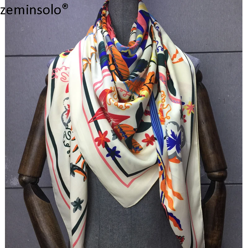 100% Twill Silk Scarf Women Print Shawl Echarpe Fourlard Femme Square Scarves For Women Hijab Bandanas Bufandas Mujer 130*130cm