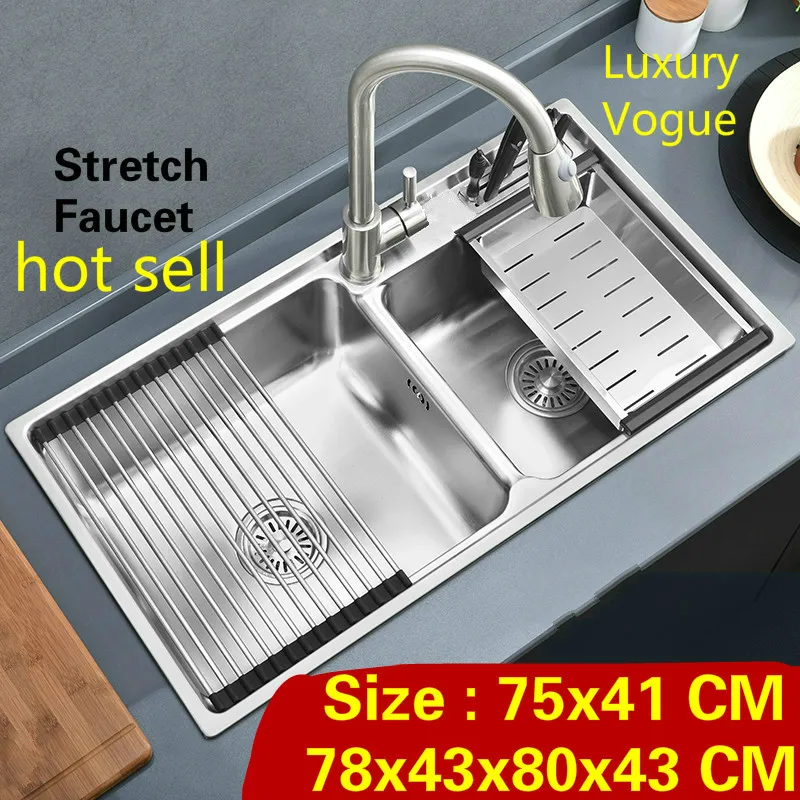 

Free shipping Standard stretch faucet kitchen double groove sink food grade 304 stainless steel hot sell 75x41/78x43x80x43 CM