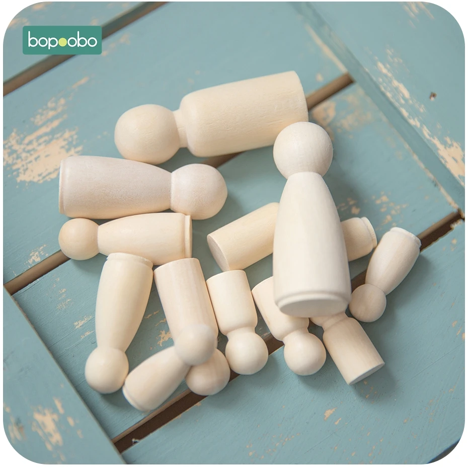 Bopoobo 4pc Wood People Different Size Natural Unfinished Ramp Preparation Paint or Stained Wooden Family Wood Peg Dolls Block