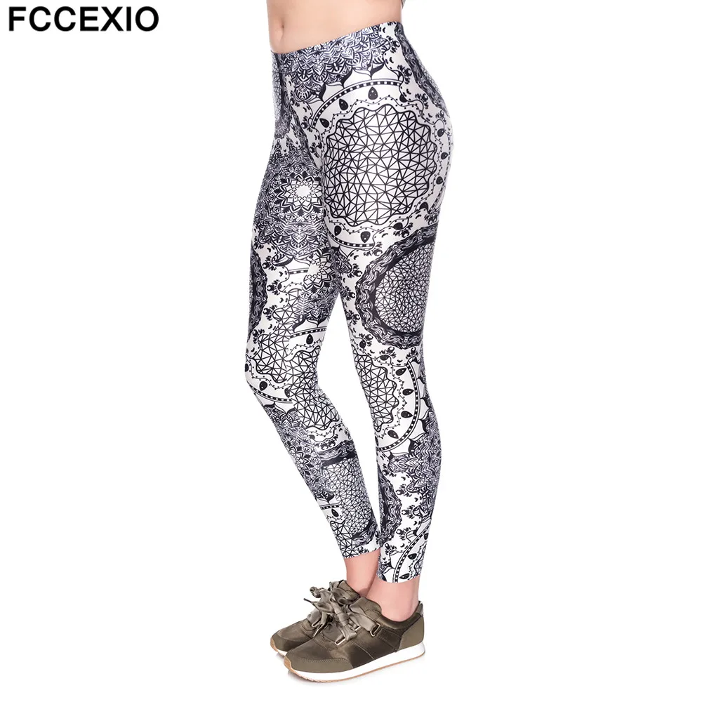 

FCCEXIO Women Slim Leggings Workout Leggins Fitness Legging Sexy Pants High Waist 3D Print Mandala Sketch Fashion Push up Pants