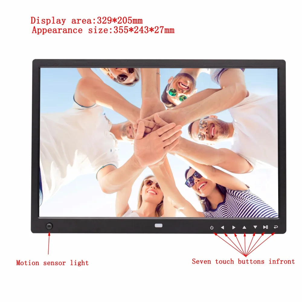 15 inch motion sensor body sensor touch buttons infront hd loop playback video picture player digital photo frame digital album