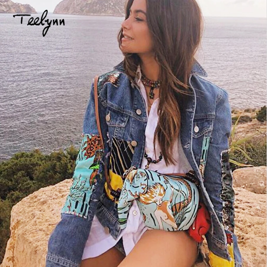 

TEELYNN Boho female jacket autumn wintage cartoon pattern qppliques Embroidery long sleeve coat outerwear denim jacket for women