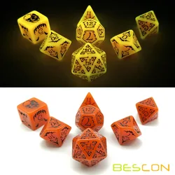 Bescon Glowing Halloween Polyhedral Dice 7pcs Set, Luminous Halloween RPG Dice Set, Glow in Dark Halloween DND Game Dice