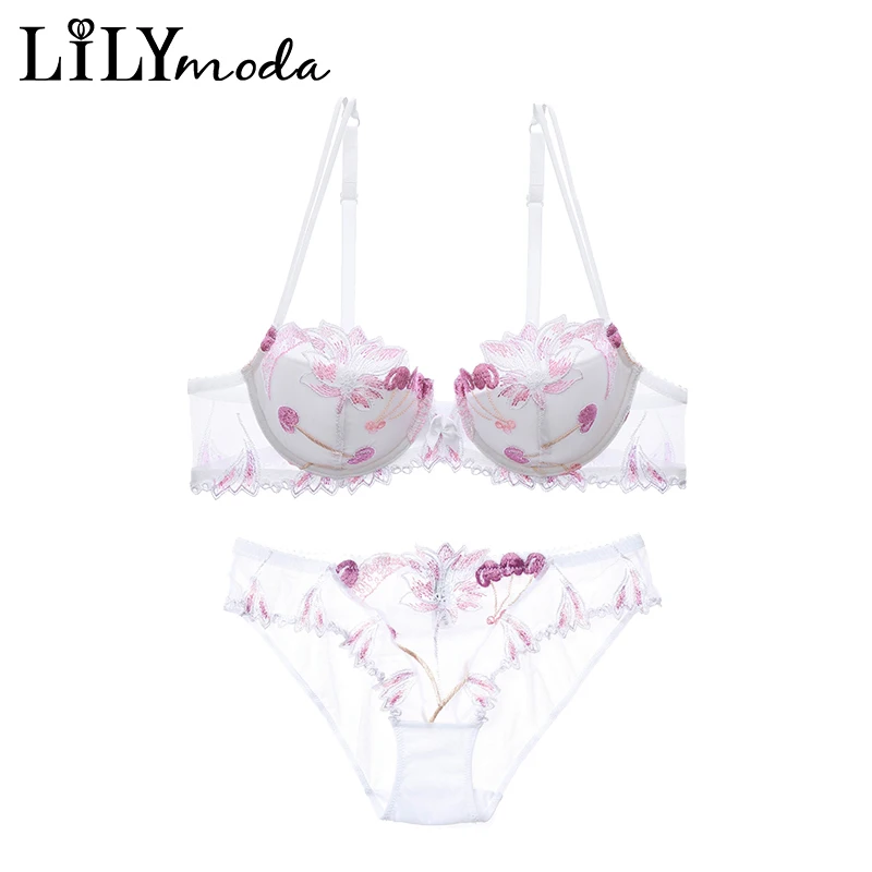 

LILIMODA Women Sexy Comfortable Paded Thin Cotton Bra Brassiere Sets Floral Lace Embroidery Underwire Lingerie Underwear WHITE