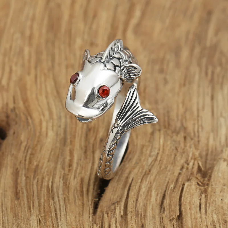 

S925 factory wholesale silver jewelry handmade Thai silver retro ring opening ring carp female personality