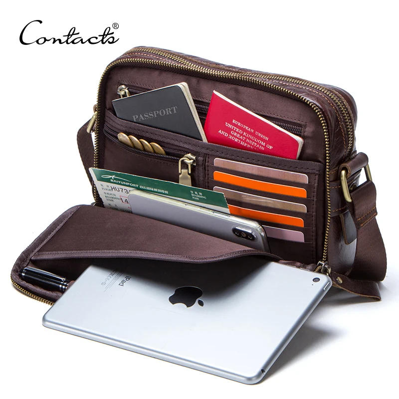 CONTACT\'S genuine leather men messenger bag for ipad male shoulder bags for credit card luxury brand man\'s bags with coin pocket