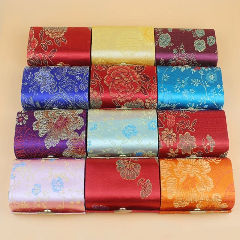 700pcs/lot 8.5*5.5*3cm Flower Design Chinesee Style Retro Brocade Embroidered Lipstick box Cosmetic Case Holder Box with Mirror