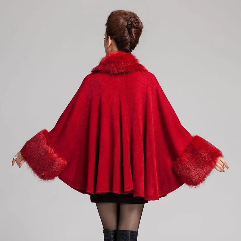 Poncho de Cachemira para mujer, abrigo de punto con mangas largas de murciélago, de piel sintética, color blanco oscuro, rojo vino, 8 colores