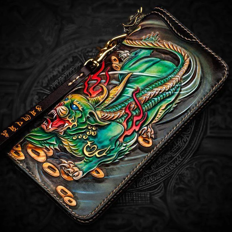 

Personal Tailor Men Genuine Leather Wallets Carving Brave Troops Bag Purses Women Clutch Vegetable Tanned Leather Wallet