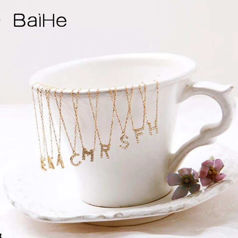 BAIHE Real Solid 18K Rose Gold 0.10ct H/SI Natural Diamond Letter Necklace Women Men Trendy Everyday Fine Jewelry Collar Letra